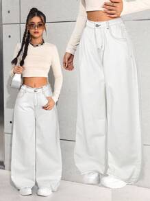 SHEIN 深蓝色牛仔宽松阔腿裤，适合少女 - 白色 - 查看 6