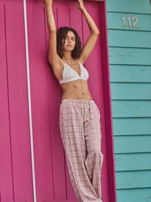 Aralina Cozy Sorbet Check Soft Lace Trim Drawstring Wide-Leg Pants - Pink - View 4