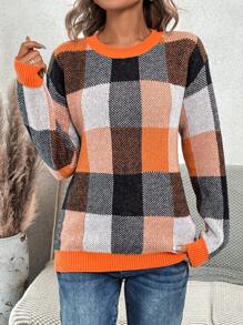 SHEIN LUNE 女士格子圆领长袖毛衣上衣，秋冬 - 亮橙色 - 查看 6