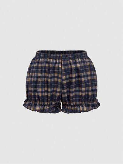 Plaid Bubble Casual Pajama Bottoms Shorts, Minimalist Fashion Everyday Loungewear