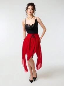 TypaGal Valentine 优雅垂坠领口不对称细肩带吊带背心，蕾丝胸围细节