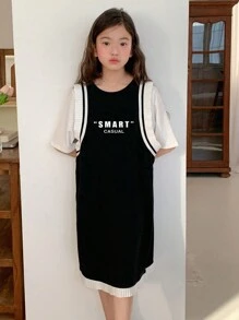 DAZY 青少年女孩休闲字母印花二合一连衣裙，青少年女孩秋季时尚，返校服装 - 黑色 - 查看 2