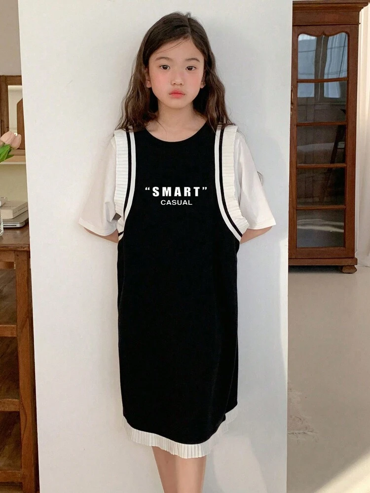 Tween Girls Casual Letter Print 2 In 1 Dress, Tween Girl Fall Fashion,Back To School Clothes