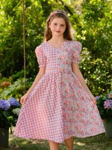 SHEIN Tween Girl Checkered Floral Print Cute Short Puff Sleeve Dress - Pink - View 7