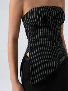 SHEIN EZwear 女士黑色编织条纹不对称下摆短款吊带上衣 - 黑色 - 查看 6