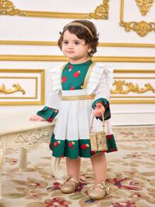 SHEIN Babygirl Summer Colorblock Floral Print Casual Dress - Green - View 3
