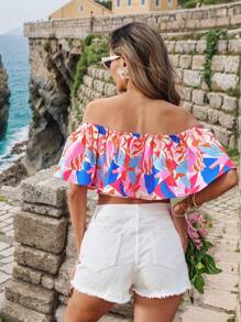 SHEIN VCAY Vacation Casual Off Shoulder Printed Cropped Blouse Top, Vacation ,Summer For Women - Multicolor - View 2