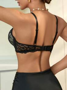 1pc Thin Padded Wire Lace & Mesh Lift Comfort Adjustable Bra - Black - View 2