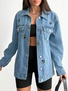 EURMUSE WOMEN DENIM EMBROIDERY BEE DETAIL JACKET - Light Wash - View 3