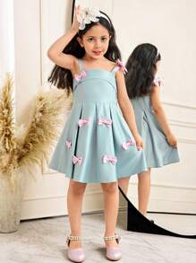 SHEIN Leap Crew Vestido de satén de unicolor con pliegues, vuelo y decoración de lazo 3D elegante y lujoso para niñas, apropiado para bodas, fiestas y eventos de primavera/verano - Azul - Ver 5