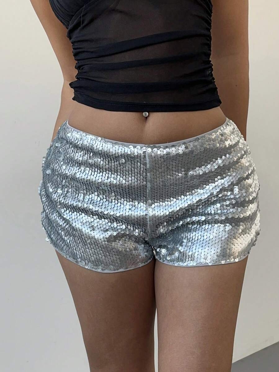Aloruh Sexy Women Mini Micro Shorts, Glittery Party Shorts For Party, Christmas, New Year - Silver - View 1