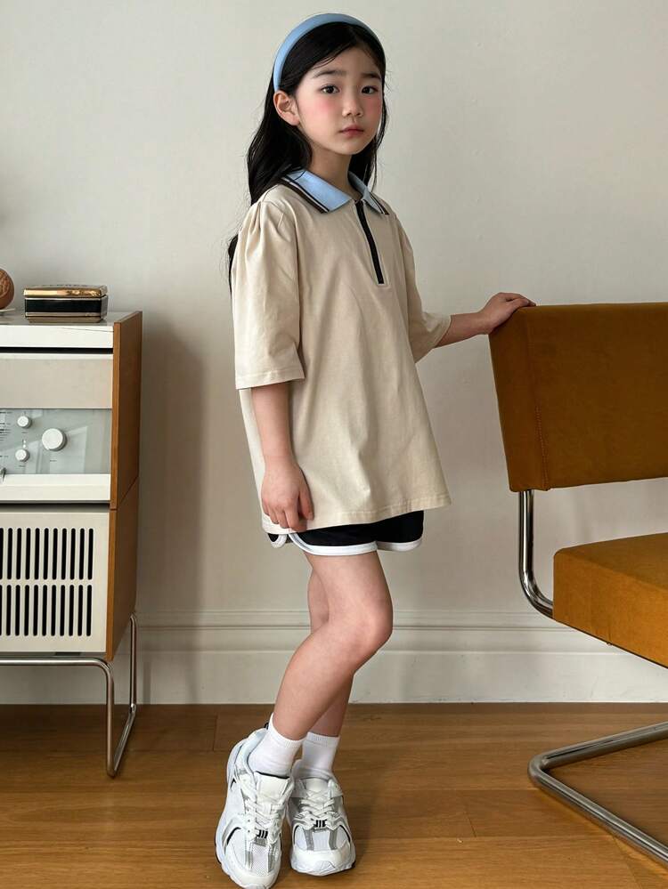Tween Girl Casual Color Block Collar Short Sleeve T-Shirt, Summer, Back To School