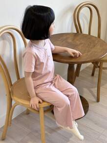 DAZY Ensemble Loungewear pour jeune fille, style minimaliste, décontracté et quotidien, avec un Top à manches courtes de couleur unie et un pantalon long. Tenues d'été pour filles. - Rose bonbon - Voir 4