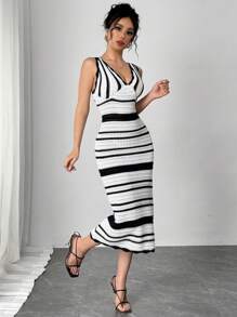 Chiquease Women's Sleeveless Striped Elegant Fitted Hollow Out Sweater Dress Fall Cloth For Women - Black and White - View 5