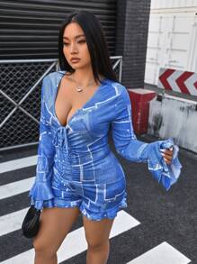 INAWLY Plus Size Fashionable Denim Print Bell Sleeve Jumpsuit - Blue - View 5