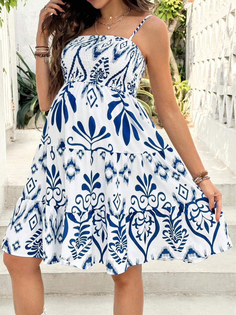 SHEIN 孕妇性感印花吊带裙 - 藍色 - 查看 1