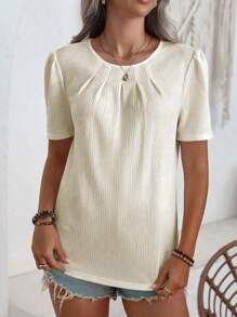 SHEIN LUNE 女士纯色短袖衬衫，简约时尚休闲日常穿着 - 杏色 - 查看 6