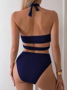 SHEIN Swim 女士纯色露背吊带连体泳衣，适合夏季海滩度假 - 藏蓝色 - 查看 2