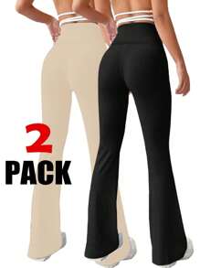 SHEIN Essnce 2 件套女式高腰紧身喇叭腿打底裤，黑色和灰色 - 彩色 - 查看 2