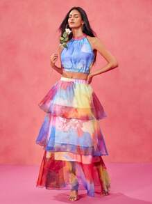 SHAQUITA GARCIA Designer Boho Bohemian Multi-Color Gradient Pattern Valentine's Day Cascading Ruffled Organza Elegant Romantic Skirt, Festival - Multicolor - View 3