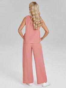 SHEIN LUNE Women Crew Neck Sleeveless Textured Camisole Top + Elastic Waist Double Pocket Casual Pants,Two Pieces Summer Set - Dusty Pink - View 3