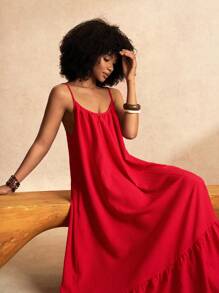 Slaydiva 2025 Lente/Zomer Nieuwe Lange Jurk voor Dames, Geschikt Voor Muziekfestivals, Pasen, Bruiloften, Boho Stijl, Westerse Stijl, Verjaardagen, Afstuderen, Studenten, Dagelijkse Casual Kleding, All-Match Veelzijdig, Vrijetijdsbesteding, Cruise Reizen, Strand, Zonnebaden, Gestructureerde Stof, Oversized, Spaghettibandjes, Sexy Rugloos, Vetersluiting op de Rug, Rode Kleur