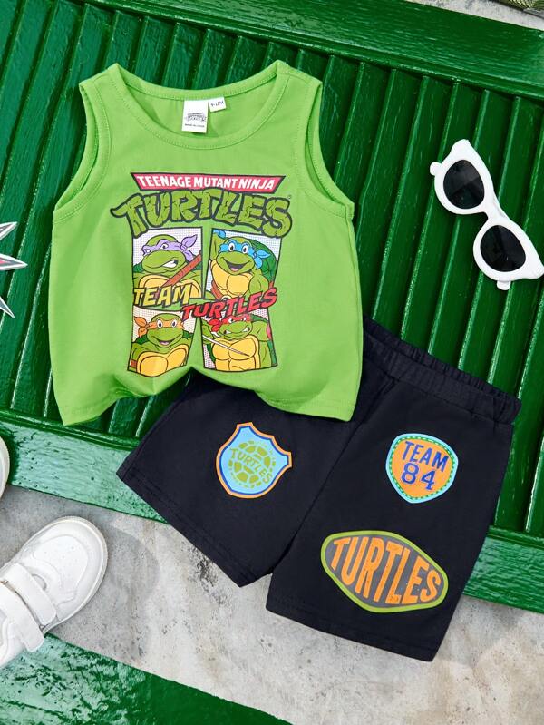 TEENAGE MUTANT NINJA TURTLES | SHEIN 2 Stücke Set für Babys, Jungen, mit Cartoon-Schildkröte und Buchstaben Muster, grünes sportliches Tank Top und Shorts, modisches Freizeitoutfit, geeignet für alle Jahreszeiten