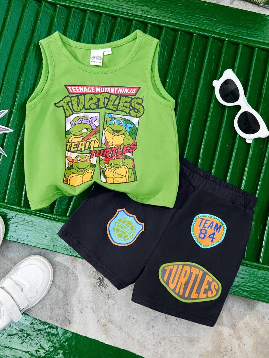 TEENAGE MUTANT NINJA TURTLES | SHEIN Conjunto de 2 piezas para bebé niño: Musculosa deportiva verde con diseño de tortuga y letras, y pantalón corto. Conjunto casual y de moda apto para todas las estaciones - Verde - Ver 1