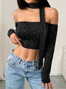 Chiquease Women Off Shoulder Short Sleeve T-Shirt With Necktie, Tight Fit, For Party And Everyday Wear, Spring