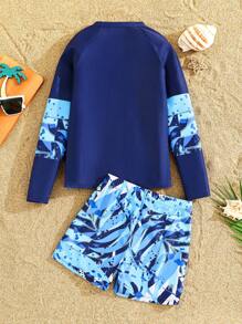 SHEIN Leap Crew 2 件 Tween Boy 度假休闲运动时尚百搭柔软舒适几何字母印花长袖 T 恤和紧身短裤泳衣套装，适合秋季、春季、夏季，适合日常穿着、户外玩耍、学校、街头摄影、派对、居家休闲、游泳、海滩 - 彩色 - 查看 7