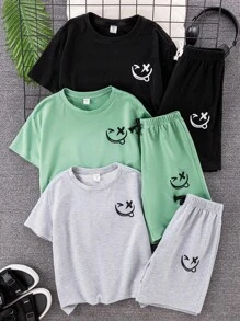 SHEIN Leap Crew 6 件青少年男童休闲百搭舒适印花图案宽松圆领短袖 T 恤和短裤 2 件套装，3 种款式 x 2，买 1 送 2，适合通勤、上学、日常休闲、度假、运动、春夏秋冬 - 彩色 - 查看 1