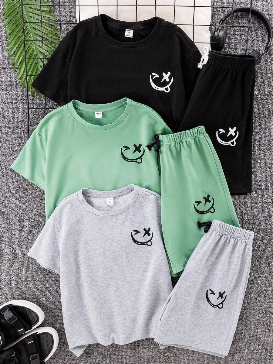 SHEIN Leap Crew 6 件青少年男童休闲百搭舒适印花图案宽松圆领短袖 T 恤和短裤 2 件套装，3 种款式 x 2，买 1 送 2，适合通勤、上学、日常休闲、度假、运动、春夏秋冬 - 彩色 - 查看 1