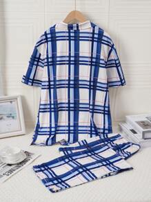 SHEIN 男士蓝色格子经典休闲舒适 2 件短袖上衣和裤子家居服套装 - 藍色 - 查看 2