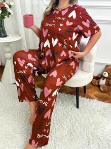 大码女士心形和字母印花短袖上衣和裤子睡衣套装，适合情人节 - 紅色 - 查看 5