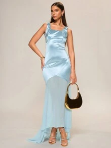Glamine Light Blue Summer Elegant Dinner Women Maxi Dress,Satin Straps Backless Zip Up Woven Chiffon Splicing Short In Front Long In Back Hem Slim Prom Gown - Blue - View 3