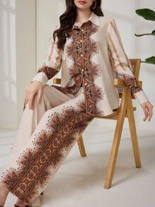 Seusyu Set de 2 piezas de camisa de manga larga y pantalones casuales minimalistas para mujer, atuendo de uso diario