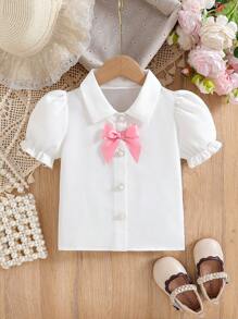 SHEIN Young Girl Solid Color Elegant 3D Bow Ruffle Short Sleeve Shirt, Suitable For Multiple Occasions - White - View 7
