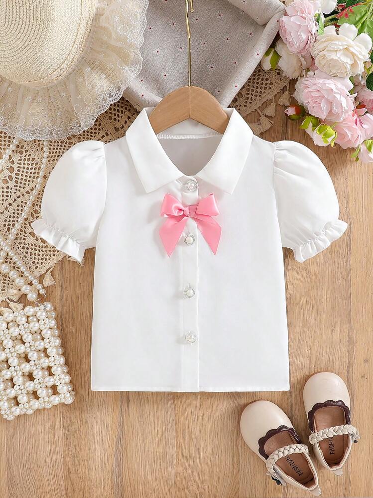 SHEIN 年轻女孩纯色优雅 3D 蝴蝶结荷叶边短袖衬衫，适合多种场合 - 白色 - 查看 7