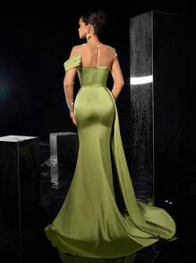 Glamrae 优雅薄荷绿亮面缎面透视长袖花朵贴花高领奢华水钻美人鱼侧高开衩垂坠尾长款晚礼服、婚礼宾客礼服、派对礼服、正式礼服 - 綠色 - 查看 3