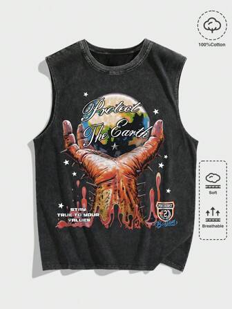 Goth Camiseta de tirantes gótica para hombres con estampado de cruz lavada y desgastada