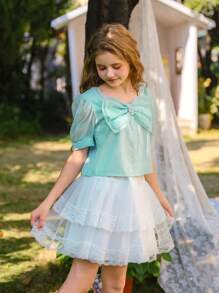 SHEIN Bộ trang phục 2 món cho bé gái tuổi mới lớn: Áo cánh organza tay bồng xếp nếp họa tiết hoa xanh lá cây và chân váy lưới trắng, trang phục thường ngày cho các chuyến đi chơi mùa xuân/hè và đến trường - Nhiều màu - Xem 8