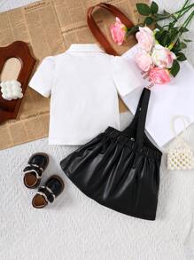 2pcs/Set Baby Girl Spring&Summer Street Style ,Pure Cplor Polo Top&Imitate Leather Skirt - Black and White - View 2