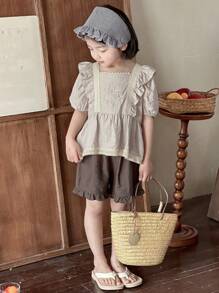 DAZY 2 Stücke Urlaubs-Lässig Set aus bestickter Bluse mit Puffärmeln und Shorts für Kleine Mädchen