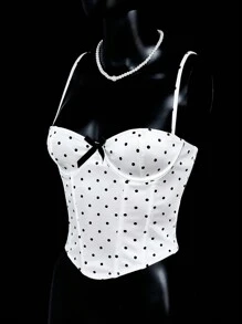 SHEIN ICON 情人节女士夏季服装外出上衣女士不对称罩杯蝴蝶结装饰波尔卡圆点内衣上衣 - 白色 - 查看 1