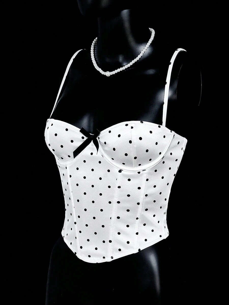 SHEIN ICON 情人节女士夏季服装外出上衣女士不对称罩杯蝴蝶结装饰波尔卡圆点内衣上衣 - 白色 - 查看 1