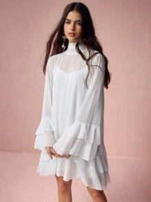 Enchnt Đầm xòe tay loe cổ cao màu trơn thanh lịch cho nữ - trắng - Xem 6