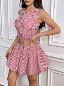Chiquease Bộ 2 món áo hai dây kẻ caro và váy tutu mini cho nữ, phong cách tiệc tùng Bohemian thời trang đường phố dễ thương cho mùa xuân/hè - Đỏ - Xem 3