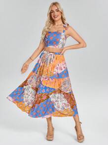 Wildy Boho Vacay Bohemian Western Wear Women Women 2pcs Set: Printed Slip Dress & Sleeveless Skirt, Resort Wear
