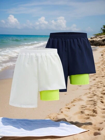 SHEIN 2pcs Tween Boys Casual 2 In 1 Spliced Contrast Color Swim Trunks, Multi-Piece Set Prevents Exposure, Suitable For Beach, Swimming, Surfing, Vacation