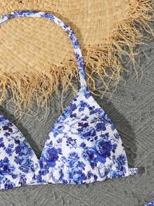 SHEIN Teen Girl  Summer Beach 3packs Floral Print Halter Triangle Bikini & Beach Skirt,3 Piece Swinwear - Multicolor - View 3